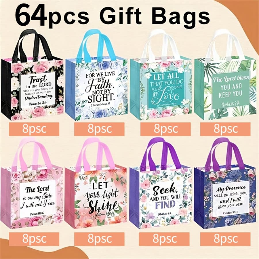TEMU 32/64pcs Floral Scripture Tote Bag With Handle - Reusable Fabric Gift Bag For Christian Baptisms, Weddings And Birthdays - Non-woven Tote Bag For Women And Girls, Christmas Gift Bag, Present Bag