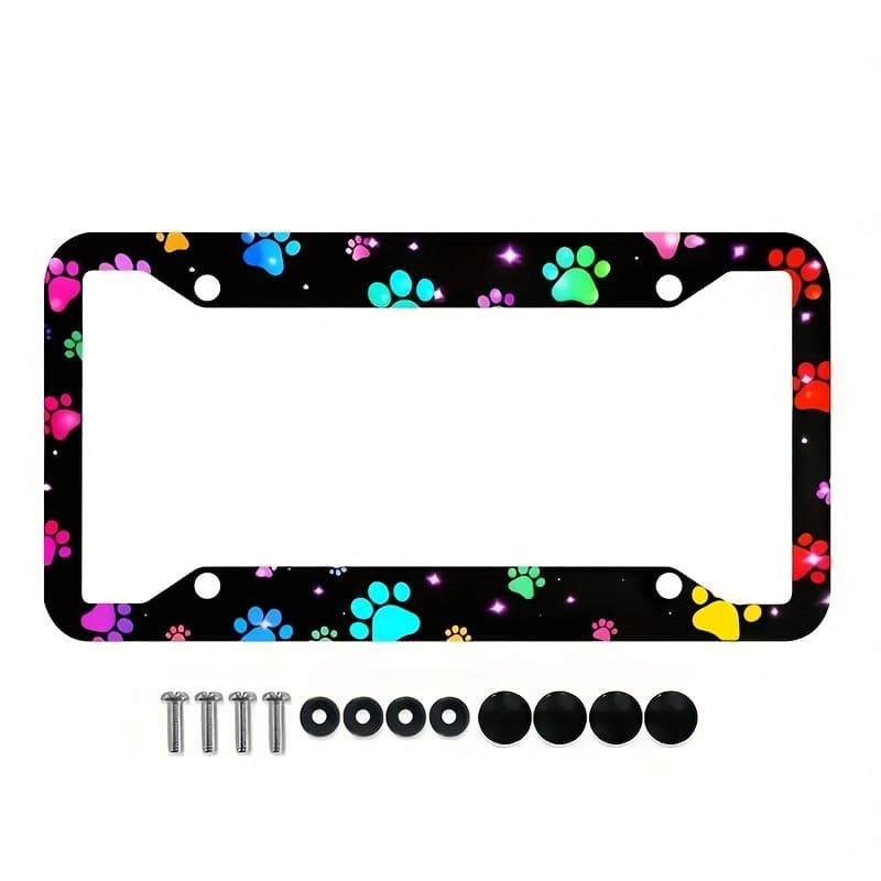 TEMU 1pc Colorful Paw Print License Plate Frame - Funny Rainbow Dog Paw Metal Car Tag Holder Cover For Women Men With Mounting Screw , Cover