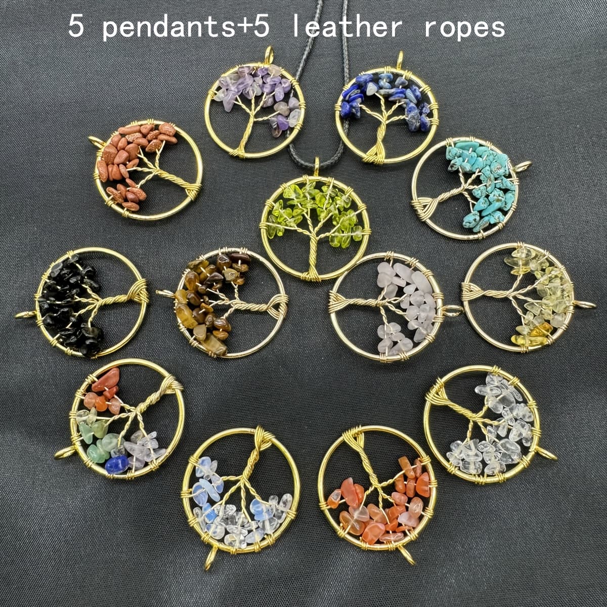 TEMU 10pcs Set Natural Stone 30mm Round Gravel Of Life Jewelry Making Suitable For Daily Wear Holiday Gifts Home Decoration (5 Pendants + 5 Chains)