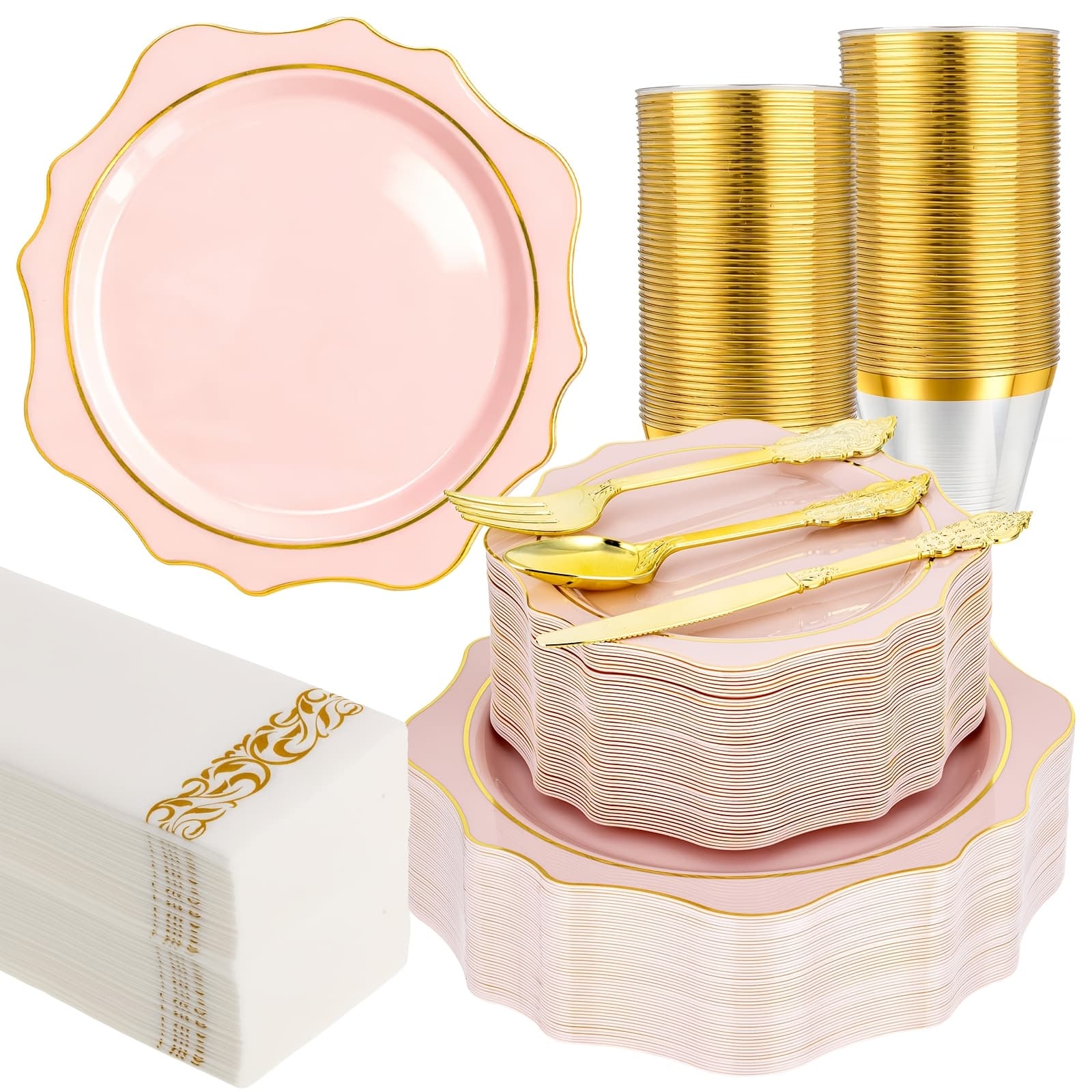 TEMU 350pcs Plastic Plates With , Golden Disposable Plates For 50 Guests, Includes 100 Disposable Plates, 50 Cups, 150 Silverwares, And 50 Napkins For Party, Wedding, Christmas