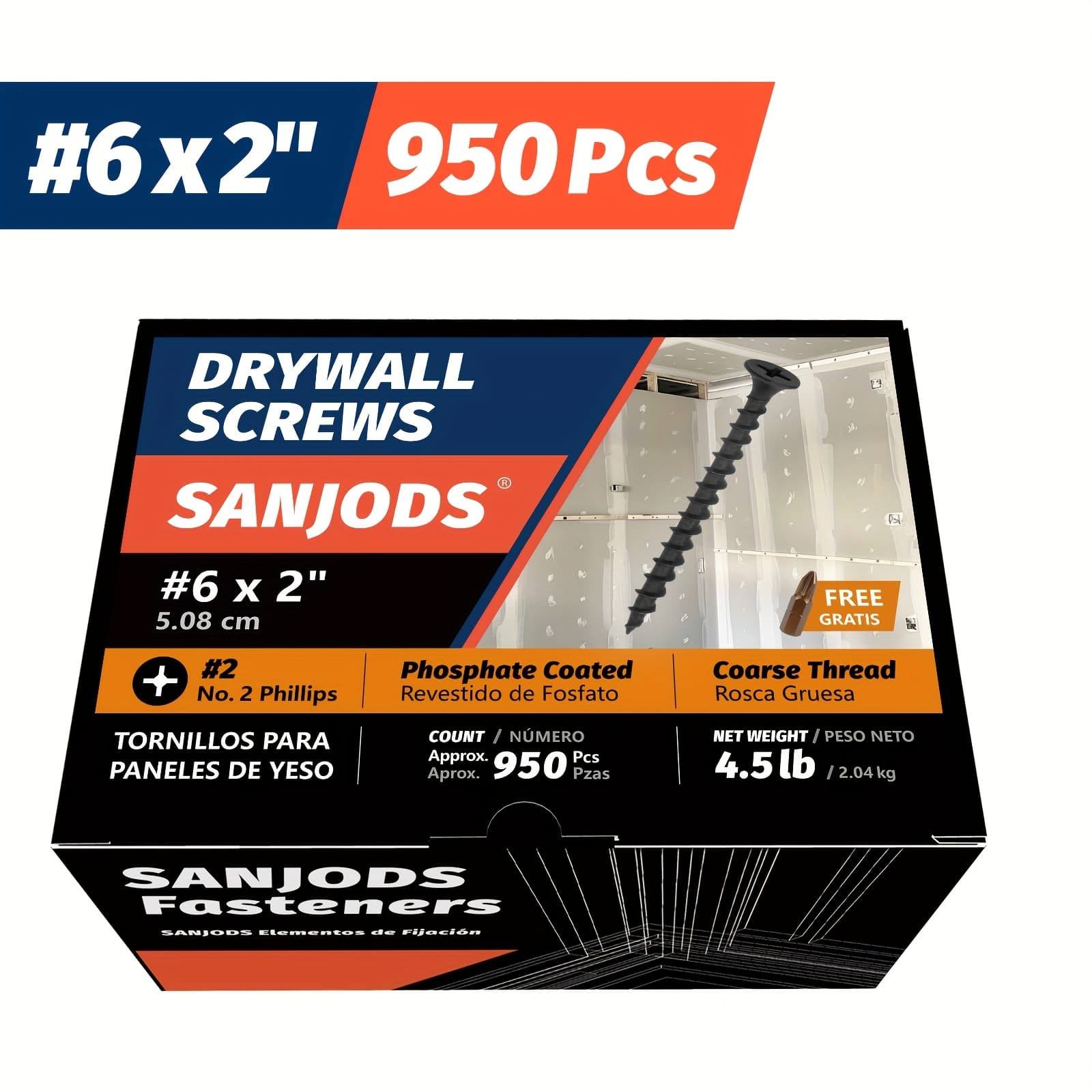 TEMU 950pcs Sanjods #6 X 2" Drywall Screws, #2 Phillips Bugle Head, Coarse Thread , Black Phosphate Coated Carbon Steel, 4. For Wood And Drywall Projects