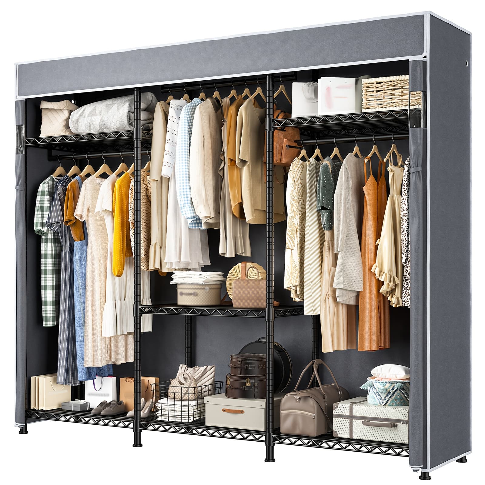 TEMU Heavy Duty Clothes Rack With Cover 800 Lbs Clothing Racks For Hanging Clothes Portable Closet Freestanding Wadrobe Closet Wire Garment Rack 56" W* 16" D*75.5" H
