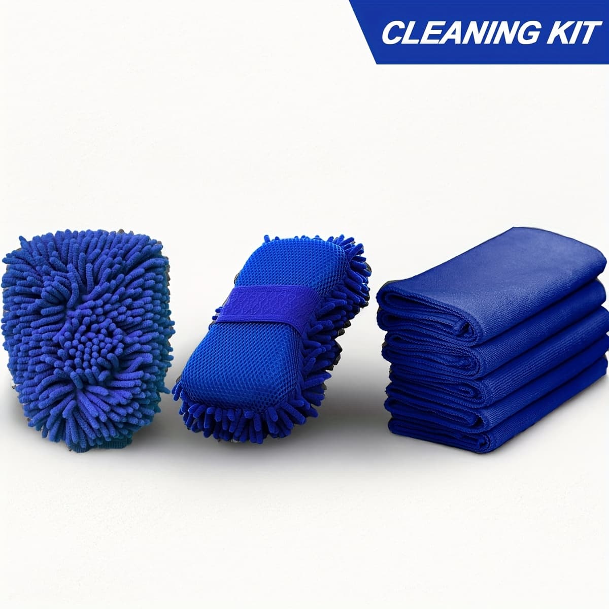 TEMU 7pcs Super Absorbent Cleaning Kit | Reusable For Auto Detailing/home Cleaning/kitchen Grease - 1 Microfiber Chenille Car Wash Sponge & 1 Glove & 5pcs Soft Microfiber Towels, Polyester, Nylon