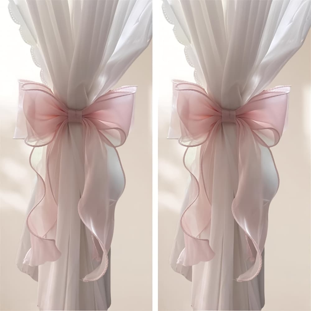 TEMU 2pcs French Style Pink Sheer Bow Curtain Ties, Double Layer Tulle Elegant Curtain Holdbacks, Spring Summer Decor Bedroom Living Room Sheer Curtain Straps For Gift