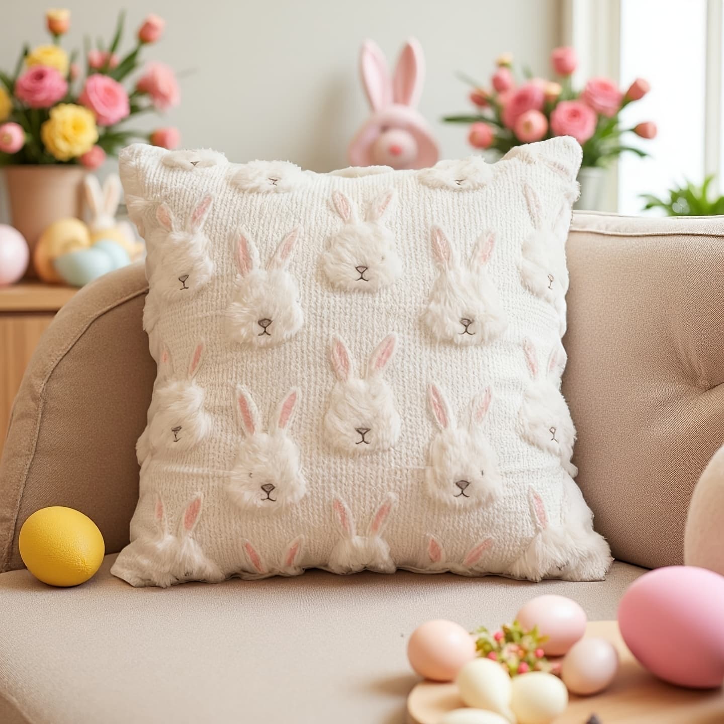 TEMU 1pc Of Easter Pillowcase, 18x18 20x20 16x16 12x20 Inches, Fluffy Artificial Decorative Pillowcase, Country Style Sofa Cushion Cover, Suitable Home Decoration Item