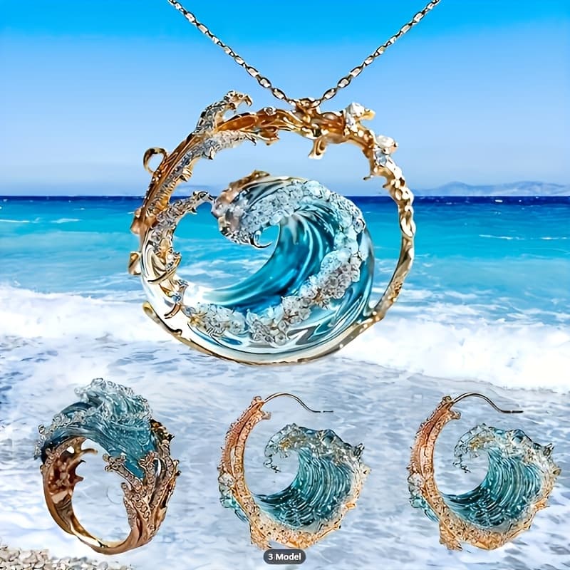 TEMU [4pcss Bohemian Jewelry Set] Ocean Vow 4pcss Women's Jewelry Set, Stylish Bohemian Blue Wave Copper Necklace/earrings/ring. Daily Additions For Gifting, Banquets, And Parties