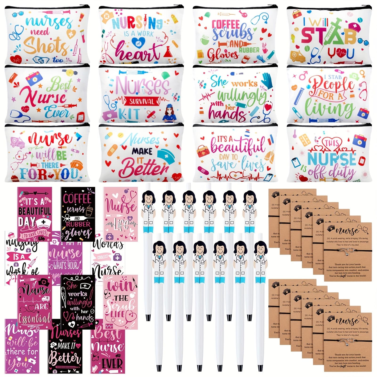 TEMU Nurse Appreciation Gifts Set 12 Nurse Makeup Cosmetic Bag 12 Notebooks Pocket Journal 12 Doctor Nurse Ballpoint Pens 12 Stethoscope Rn Bracelet For Nursing Students School (stylish)