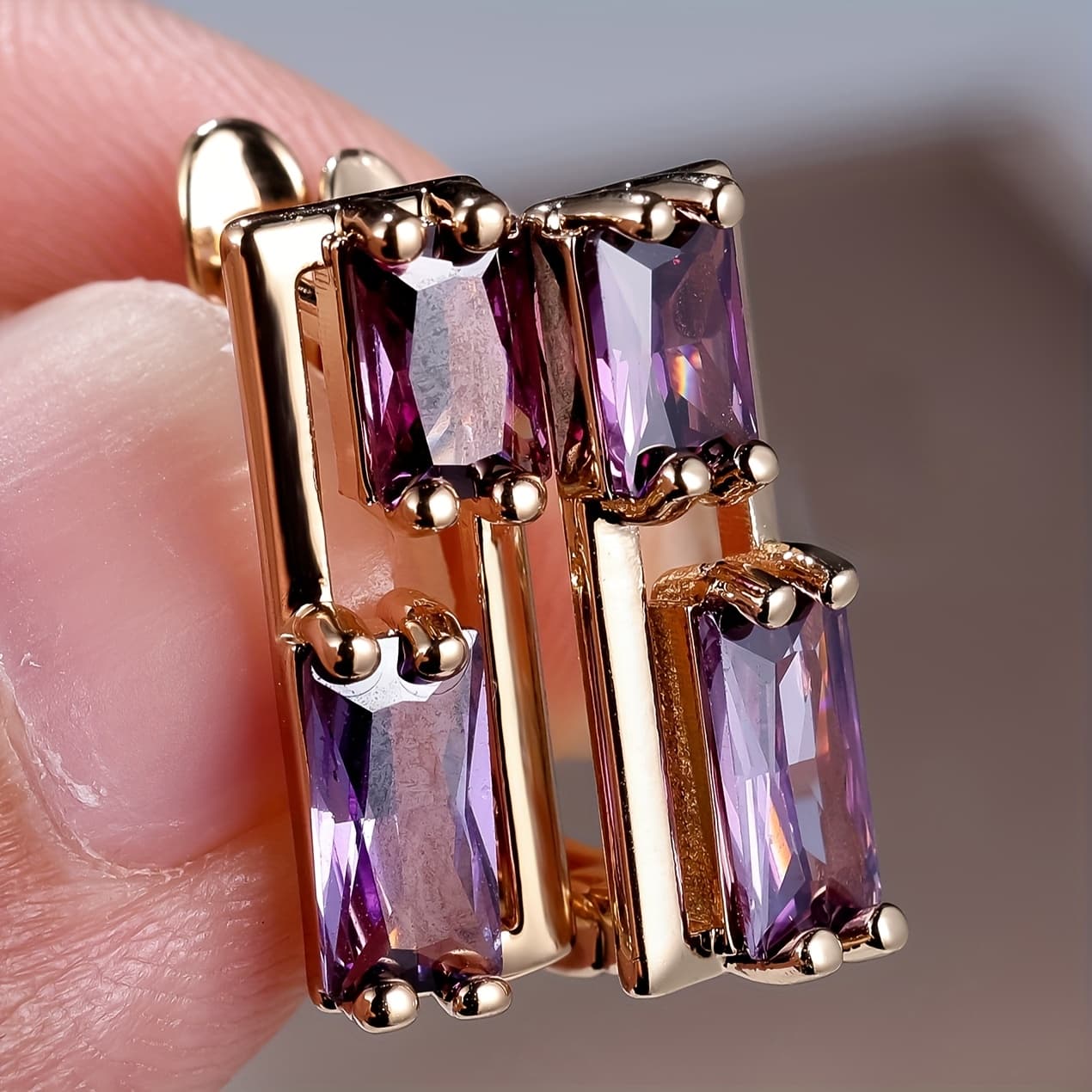 TEMU Asymmetrical Purple Stone Ear Dangle Accessories Souare Geometric Arrings Golden Color Women Jewelry For Pretend Play