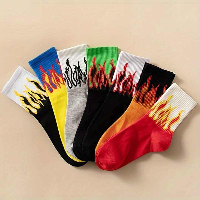 TEMU 7 Pairs Men's Mid-calf Socks Pattern Flame Sweat-absorbing Comfortable Soft Casual Versatile Skateboarding Running Round Toe Socks Random Color, Sweat-resistant