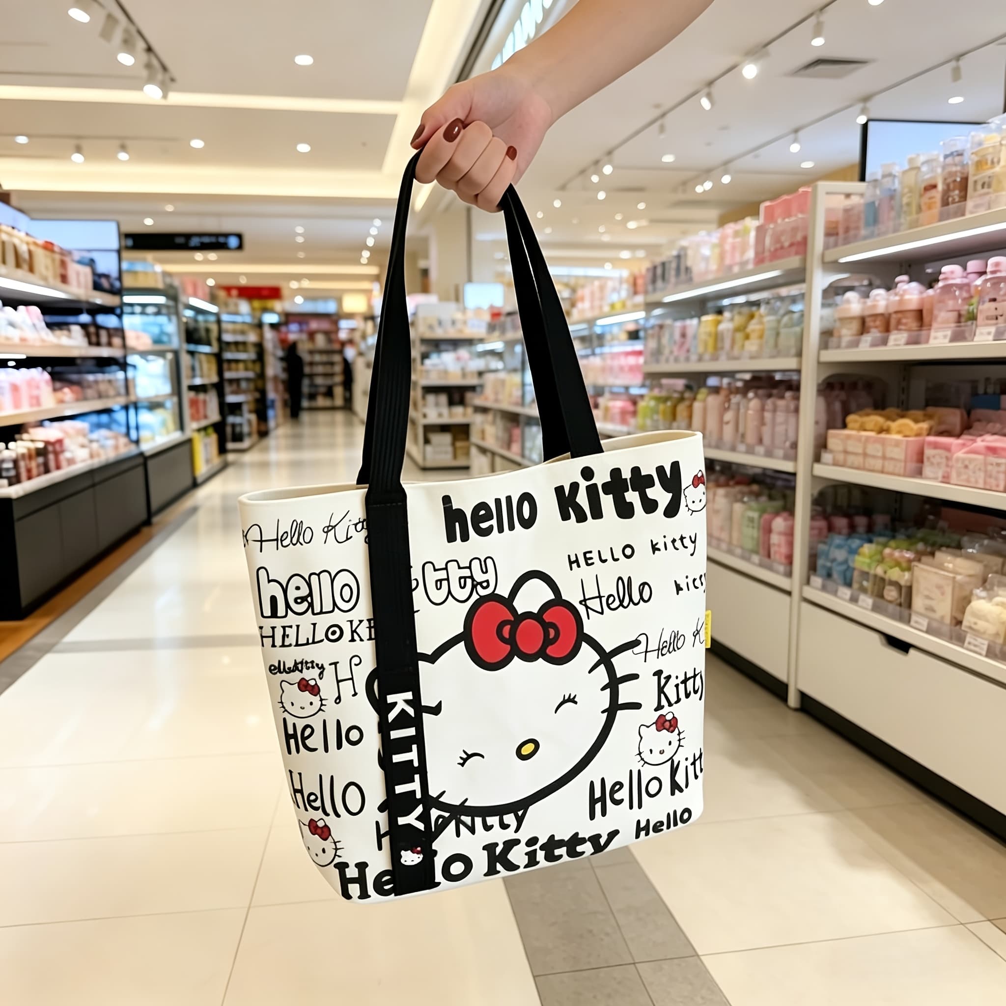 TEMU Hello Kitty Large Capacity Women's Handbag, Fashionable Tote Bag, Zippered Closure Function, Internal Small Bag, Durable Canvas Bag, Versatile Commuter Shoulder Bag, Shopping Handbag, Travel Bag