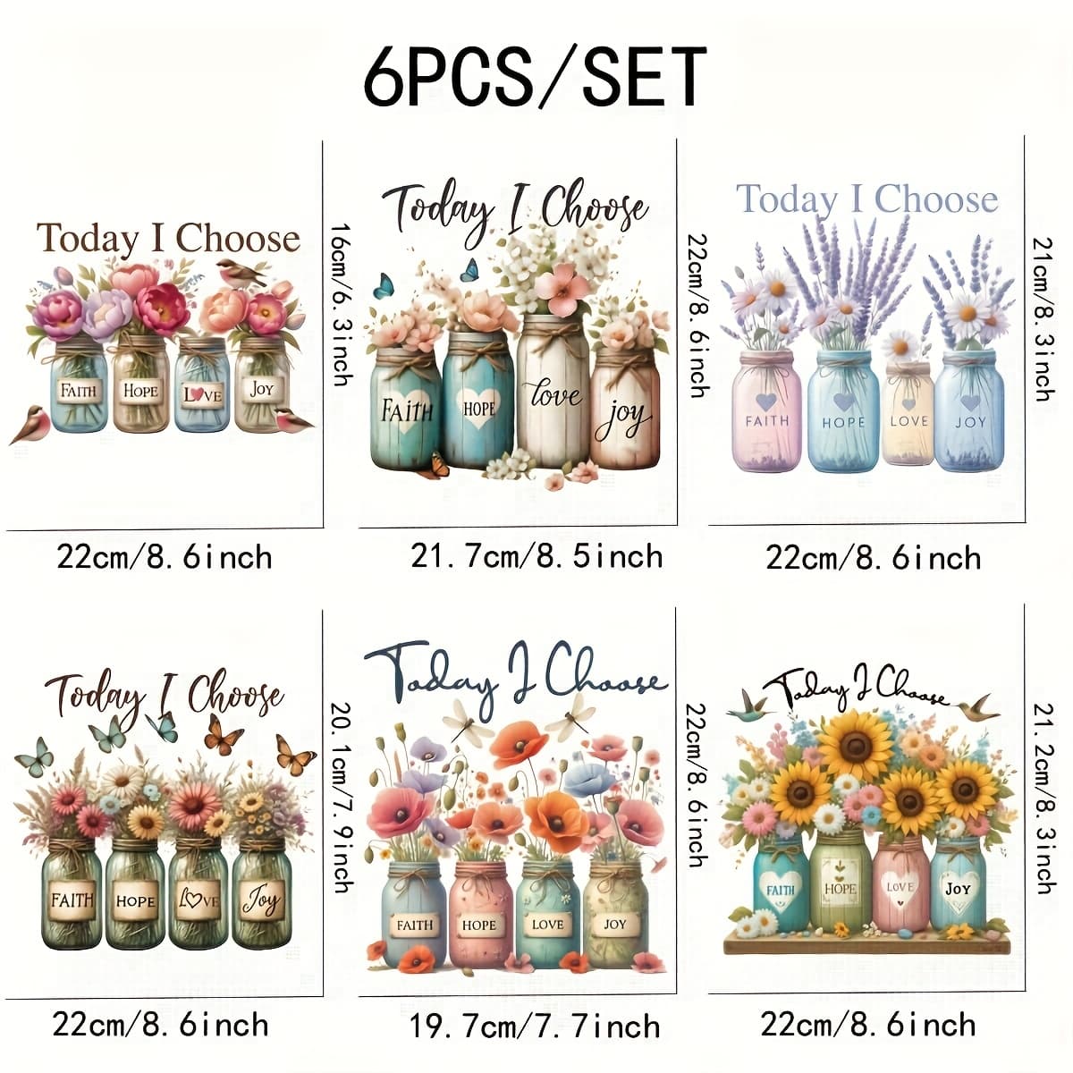 TEMU 6pcs Multicolor Sunflower Mason Jar Iron-on Vinyl Transfers For T-shirts, Jackets, Jeans, Hoodies With Inspirational Words Faith, , Love, Joy - Heat Transfer Stickers For Clothing