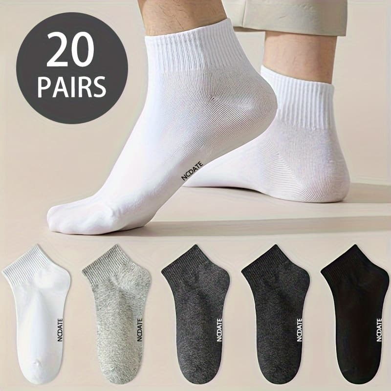 TEMU 20 Pairs Men's Black White Gray Sports Casual Letter Print Solid Color Versatile Breathable Sweat-absorbent Comfortable Short Socks