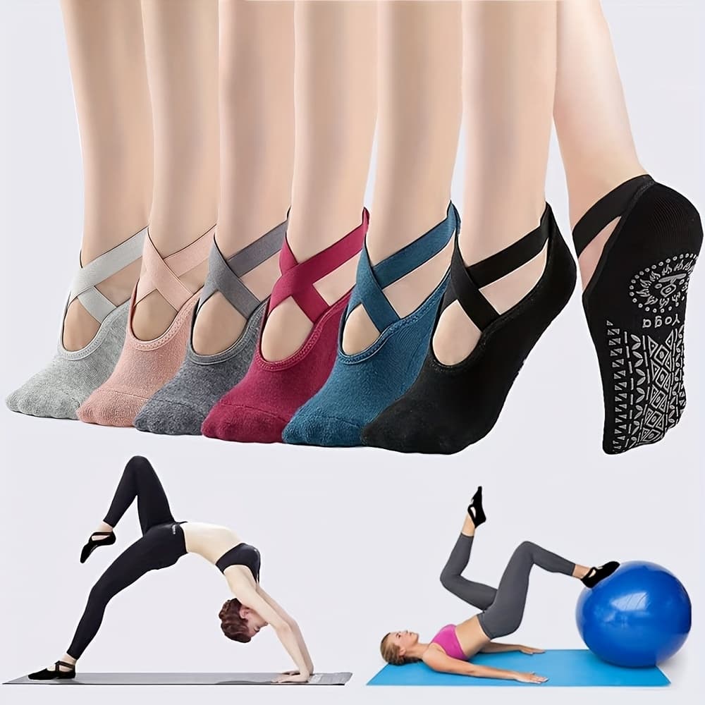 TEMU 6 Pairs Of Women's Yoga Socks, Silicone Anti Slip Boat Socks, Cross Tied Fitness Pilates, Soft And Comfortable Dancing Socks