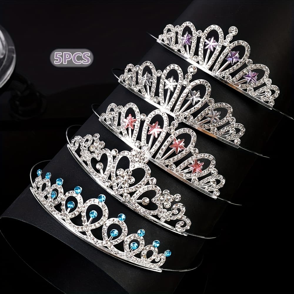 TEMU 5 Deluxe Multicolor Bridal Crown Set - Alloy, Sparkling Synthetic, For Weddings, Birthdays And Parties, Stage Performance