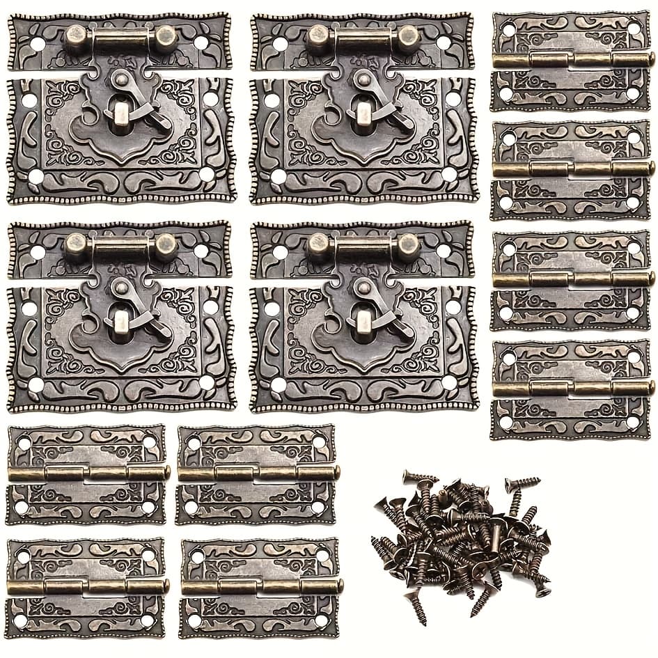 TEMU 12pcs Vintage Carved And Carved Hinge With Matching Screws Set, Rectangular Lock For Repairing And Decorative Wooden Jewelry Box Hardware