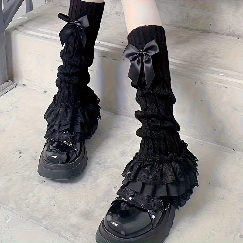 TEMU 1 Pair Of Japanese-style Cute Lace Trim Bow Calf-high Slouch Socks, Suitable For Pairing With Skirts And Jk Mid-calf Leg Warmers