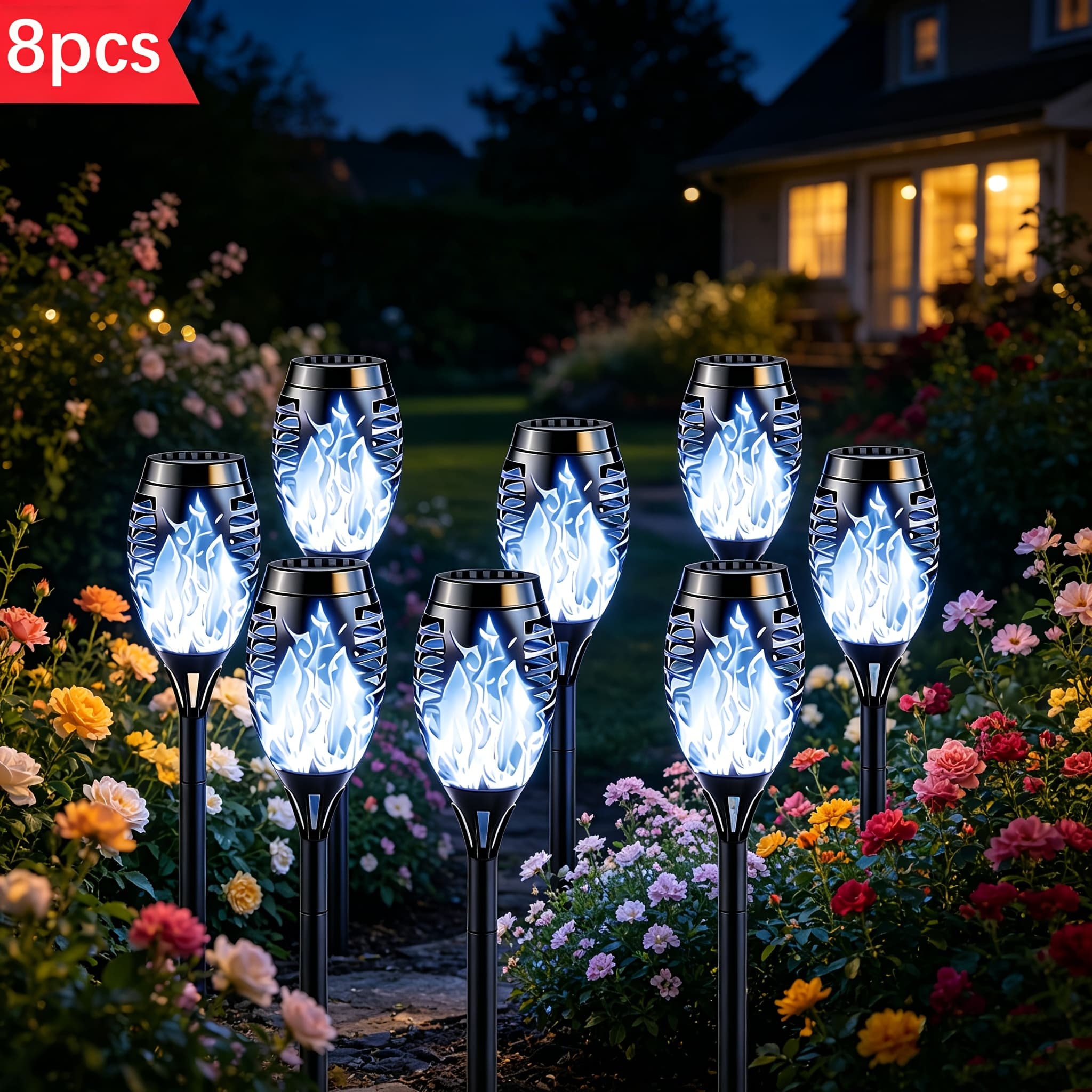TEMU 8 And White Solar Torch Lights For Outdoor Decoration! Automatically Light , Soft And Not , A And Romantic Scene For , Lawn, Patio, Or Pathway.ip55