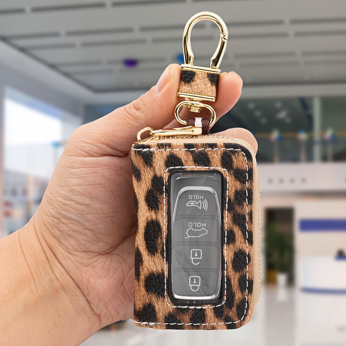 TEMU Leopard Print Windowed Key Pouch, Universal Car Key Case With Buttons Through The Window, Suitable For All Car Keys