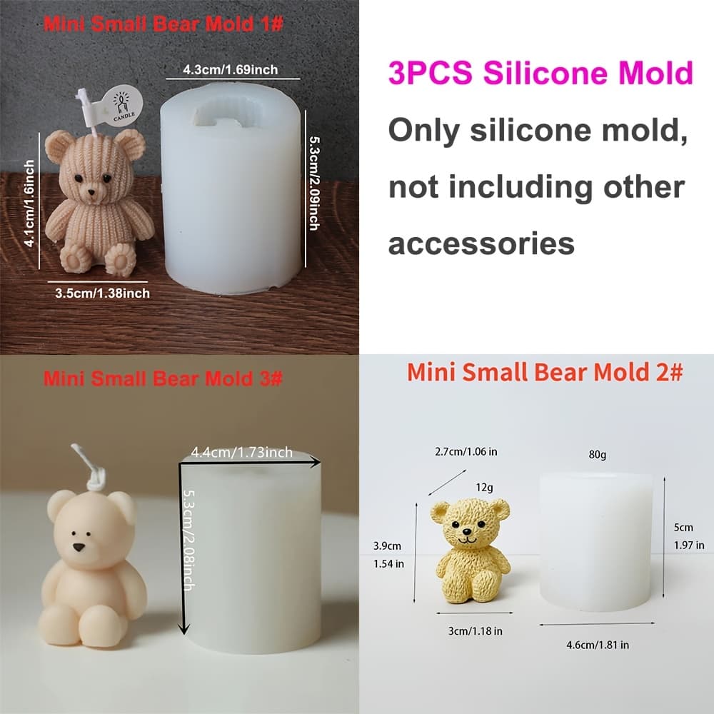 TEMU 3pcs Mini Bear Silicone Candle Molds Cute Teddy Bear Scented Wax Mold For Candle And Soap Making, Home Decoration, Plaster Ornaments, Resin Crafts - Cartoon Bear Shape