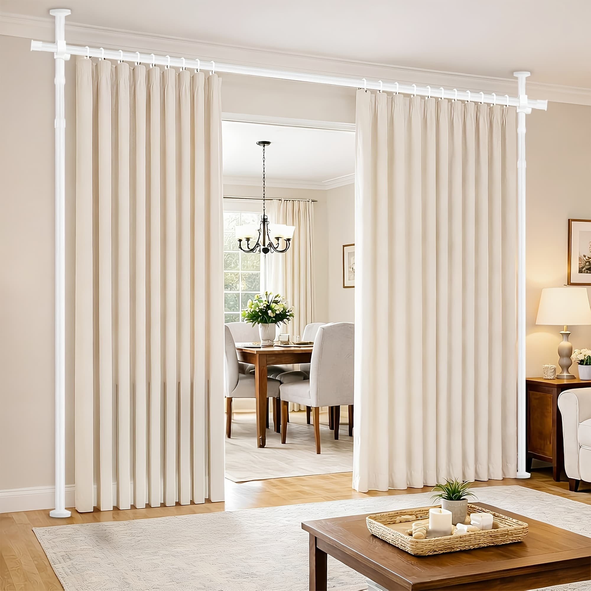 TEMU Room Divider Curtain Rod, No Drilling Room Separator For Space Partition Adjustabl Height And Width, Heavy Duty Temporary Wall Divider Floor To Ceiling Tension Rod