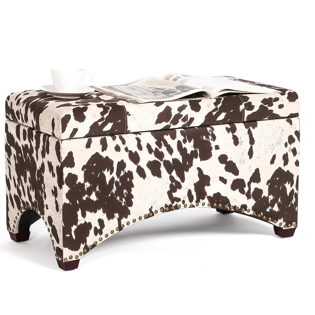TEMU Cow Print 29.8" Storage Ottoman Bench With Trim, Upholstered Entryway Storage Chest With Hidden Space, Decorative End-of-bed Footrest Stool For Bedroom Living Room