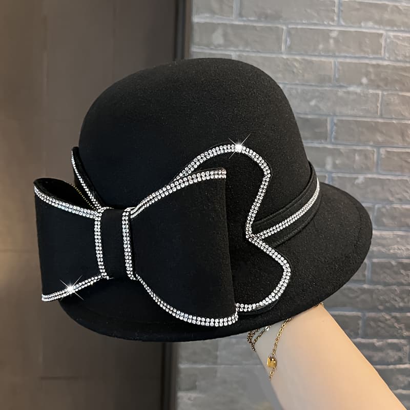 TEMU 1pc Of Stylish Hat Featuring A Large Bow And Rhinestones For Women, Ideal For Autumn And Winter, Embodying A Suitable For Parties And , With A Easy Design Perfect For Shopping