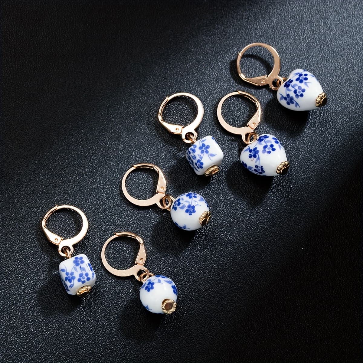 TEMU 3 Pairs Of Chinese Style Heart-shaped Ceramic Pendant Earrings Set, Women's Fashionable Minimalist Drop Earrings For Daily And Vacation Wear