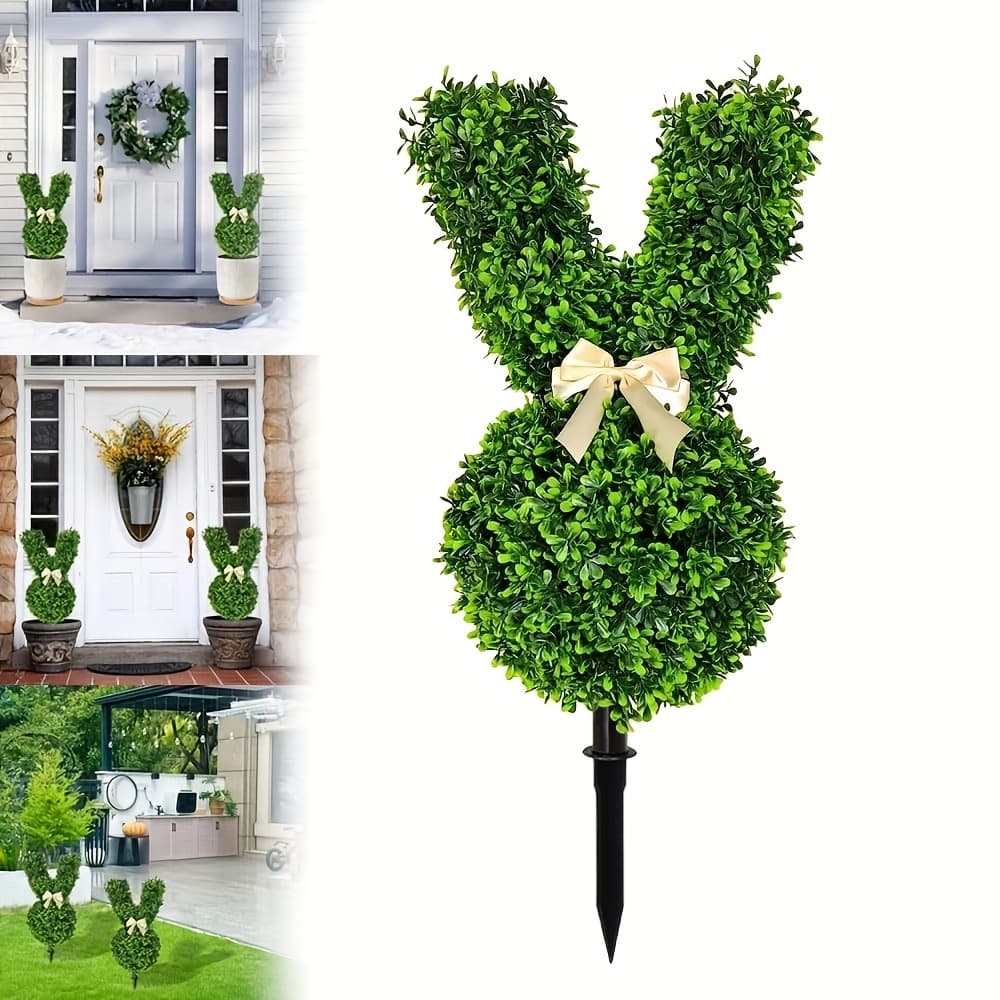 TEMU Easter Green Simulated Green Plant Rabbit-shaped Decorative Ground Socket - Cute Rabbit Decoration With Bow, Suitable For Home And Garden Decor, With Ground Nails, Suitable For Outdoor Use