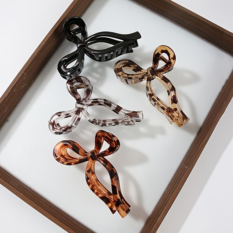 TEMU 4pcs Everyday Basic Leopard Print Elegant Bow Hair Clips, Simple Hairpins, Durable Back-of-head Updo Claw Clips For After Bathing, Large Shark Claw Clips