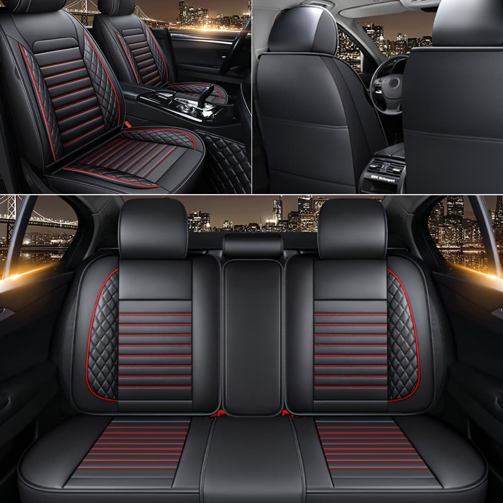 TEMU 5 Seat Premium Faux Leather Car Seat Cover Full Set Universal Waterproof Front Rear Cushion Protector Interior Decor 4 Season Use For Most Sedan Pickup Trucks Suv Crossovers