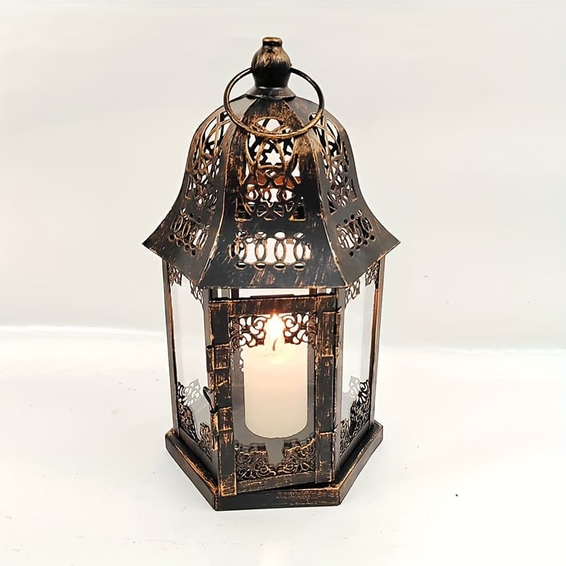 TEMU Vintage Hexagon Moroccan-style Black & Golden Windproof Candle Holder - Glass Lantern For Home Decor, Perfect For Bedroom, Living Room, Office
