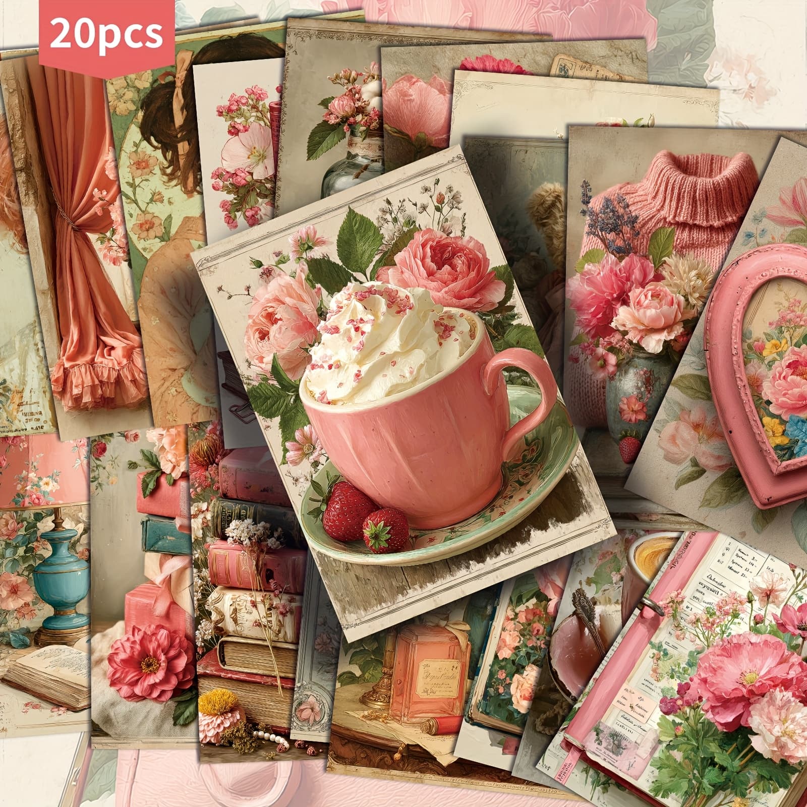 TEMU 20-pack Vintage Girly Floral Postcards - 4x6 Inches Retro Junk Journal Paper, Classic Pinup Illustrations, Collectible Decorative Painting Cards For Scrapbooking And Crafting