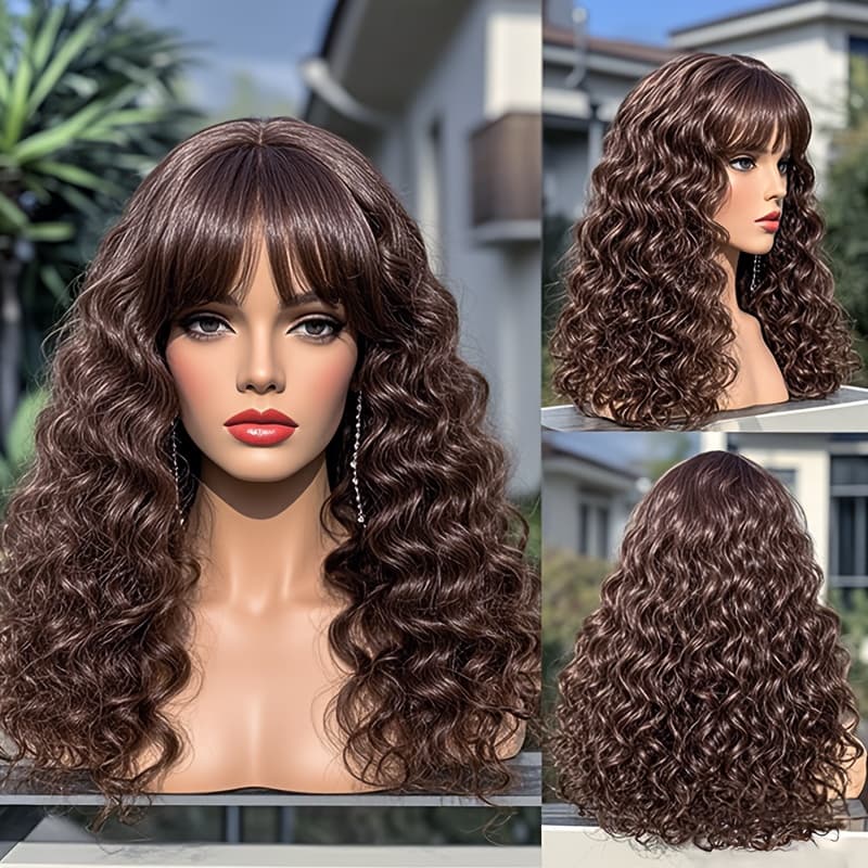 TEMU Elegant Brown Water Wave Wig With Bangs, 28 Inches, High Density, Heat Resistant High Temperature Fiber, Water Wave Curls, Suitable For Women Daily And Party Use