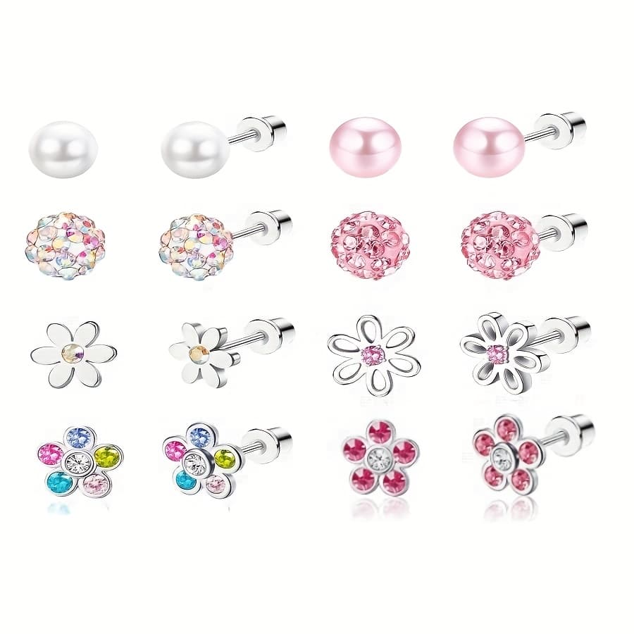 TEMU 8 Pairs Hypoallergenic Spiral Back Earrings Suitable For Ladies & Girls - 316l Stainless Steel Spiral Studs, Tiny Cz Heart Flower Spiral, Flat Back For Piercings, Daily Wear & , 20g, For Teenager