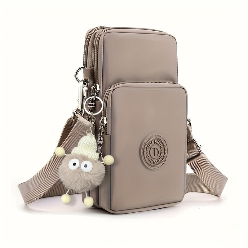 TEMU Fashionable Women's Nylon Crossbody Mobile Phone Bag, Lightweight Coin Purse, Lining, Zipper Design - Suitable For Travel And Daily Use, With A Cute Doll Pendant