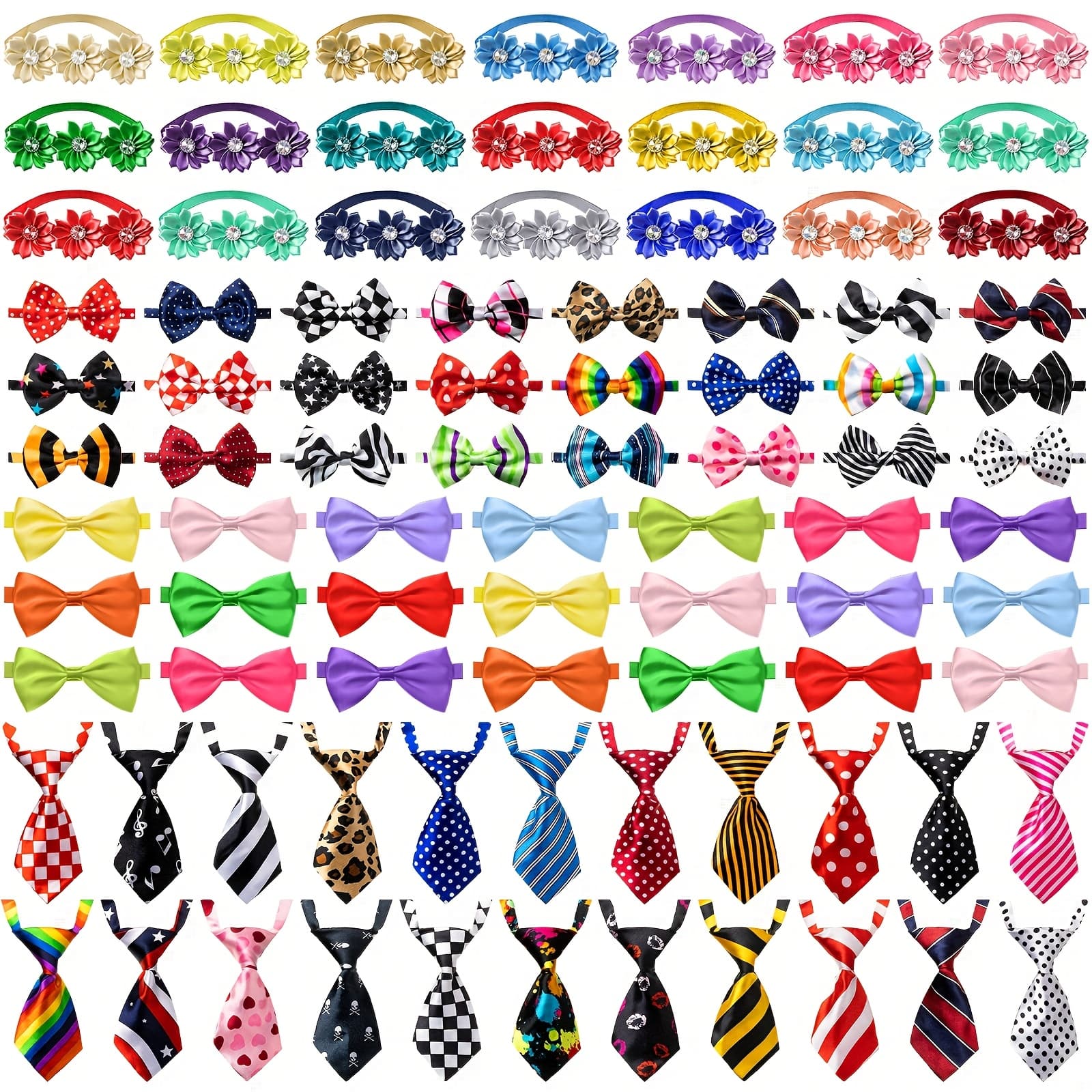 TEMU 100pcs Adjustable Dog Ties Set Includes 50 Bow Ties 25 Neckties 25 Flower Neck Tie Assorted Bowtie Collar Grooming Accessories For Medium Large Birthday Party