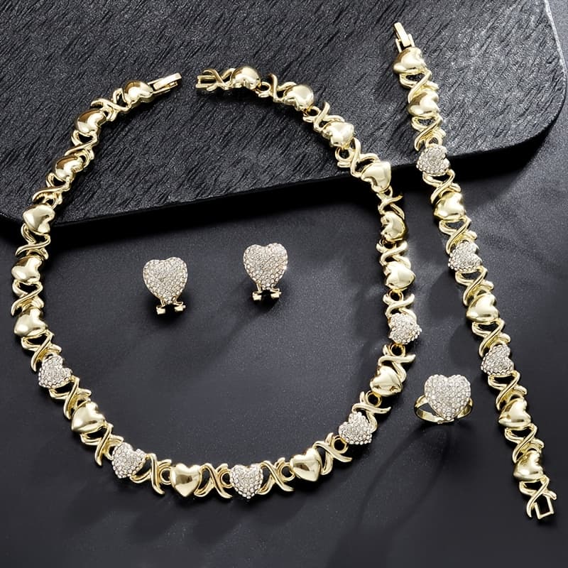 TEMU 4pcs Set Of Fashionable Luxury Heart-shaped Design Necklace Bracelet Earring Ring Jewelry Set Inlaid With Shiny Synthetic Zirconia Women's Romantic Engagement Wedding Jewelry Gift