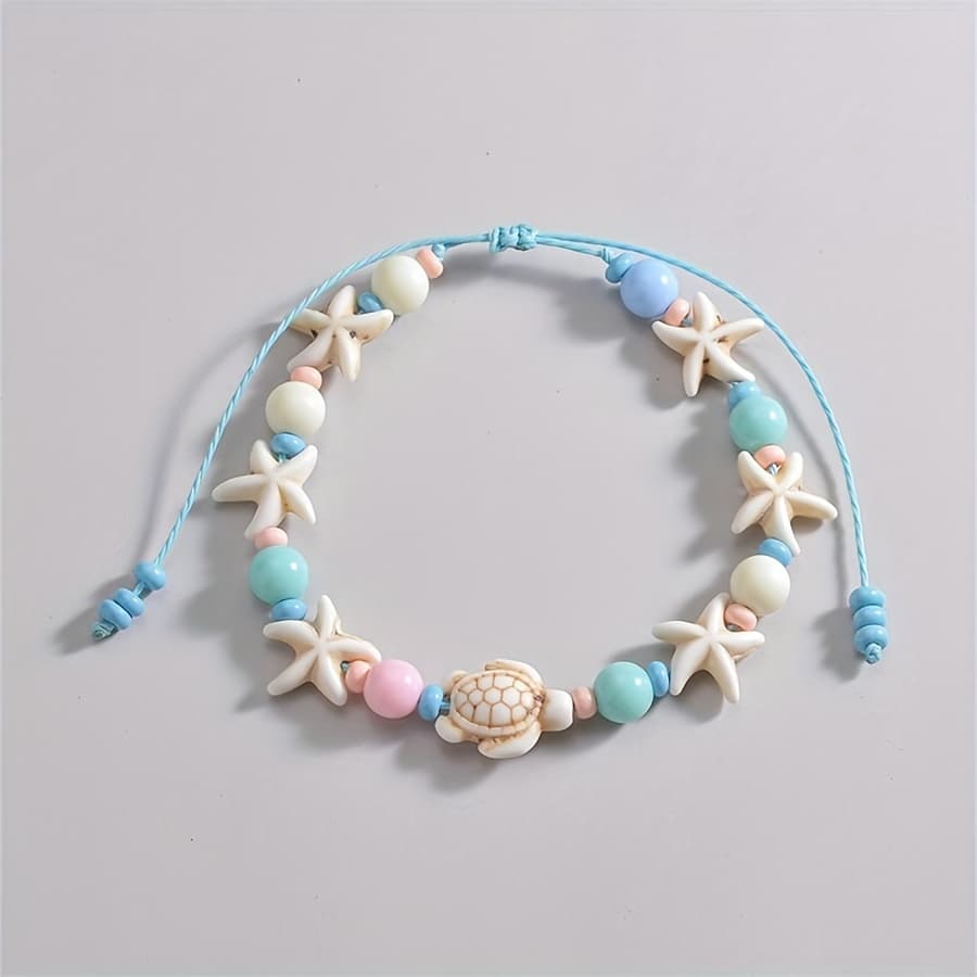 TEMU Bohemian-style Anklet For Women Featuring Ocean-themed Starfish And Turtle Beads, Handcrafted For Beach Vacations And Parties, Adjustable For