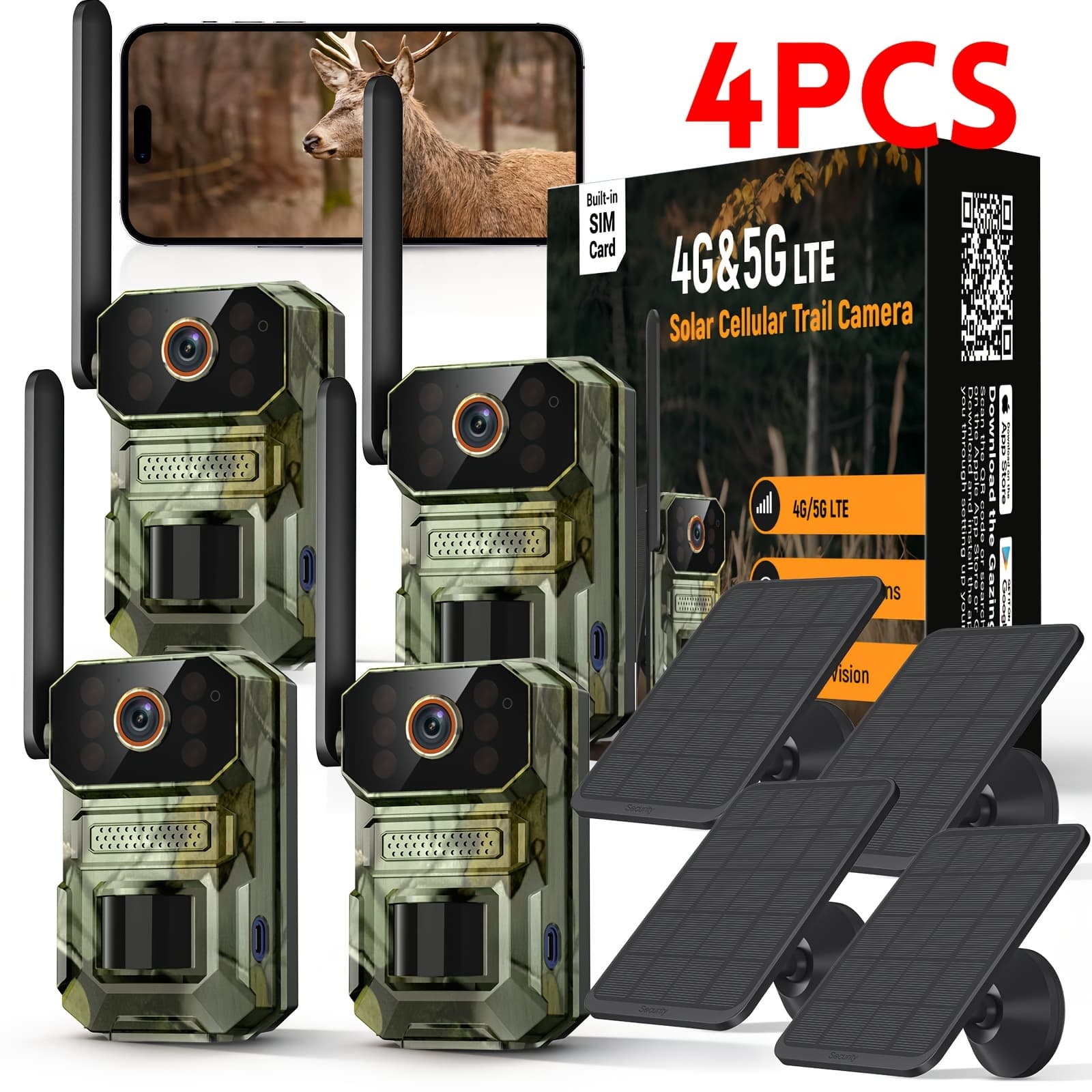 TEMU 4g/5g Lte Solar Trail Camera, 1/2/4pcs Wireless Game Deer Camera, 4k 48mp Wildlife Cameras For Farm Security, 125° Wide Angle, 20w Fast Charge Solar Panel With 6500mah Battery For Outdoor Camping