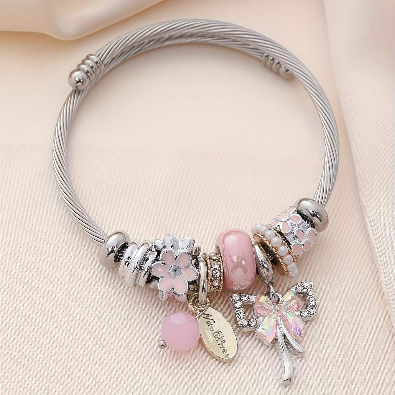 TEMU Sweet Pink Flower Bow Tie Charm Bangle Bracelet For Women S | Sparkle, , Gift