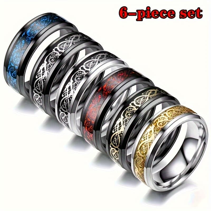 TEMU 6pcs Punk Ring Set - Vibrant 304 Stainless Steel Bands - For Men And Women - Durable, Hypoallergenic, Perfect For