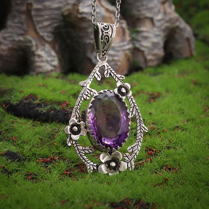 TEMU 1pc New Fashionable Water Drop Shape Purple Synthetic Gems Necklace Pendant Chrysanthemum Pattern Men Women Ethnic Style Jewelry Party Jewelry Gift