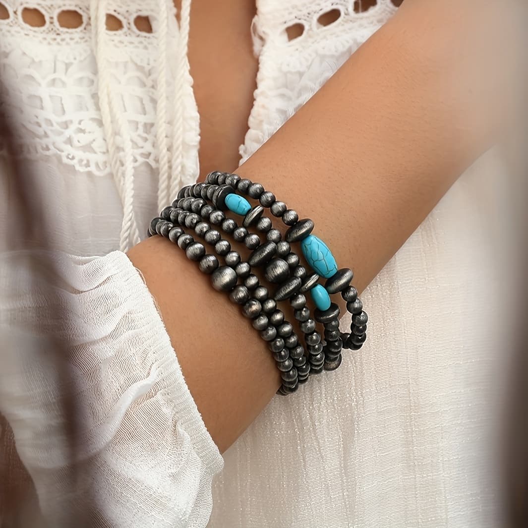 TEMU Vintage Western Turquoise Bead Pull Ccb Plated Hand Chain Stackable Elastic Combination Bracelet Set 5 Pack