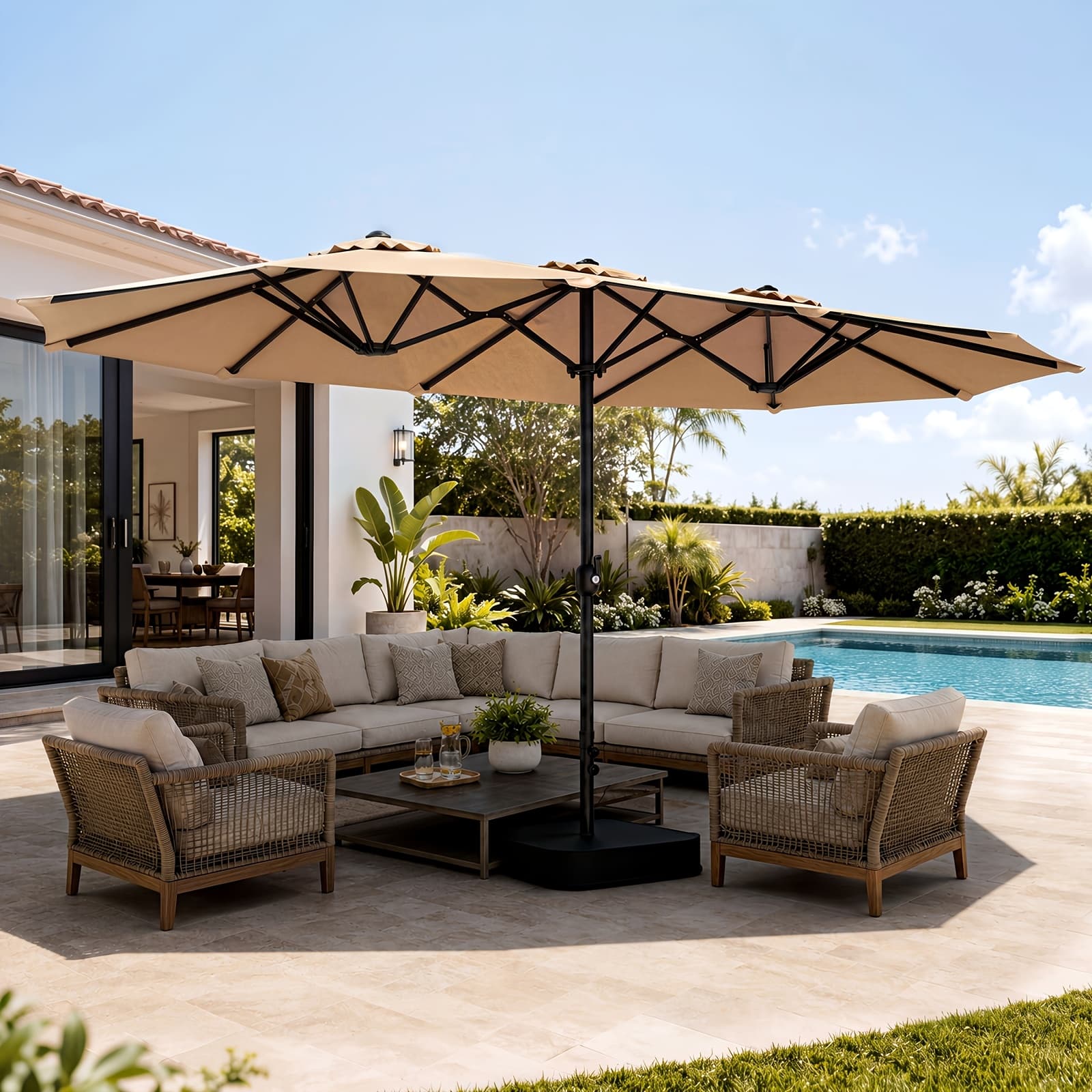 TEMU 1pc 15ft Patio Umbrella With Base Included, Extra Large Shade Area, Double-sided Rectangle With Crank Handle For Poolside, Garden, Yard, Beige/blue/red