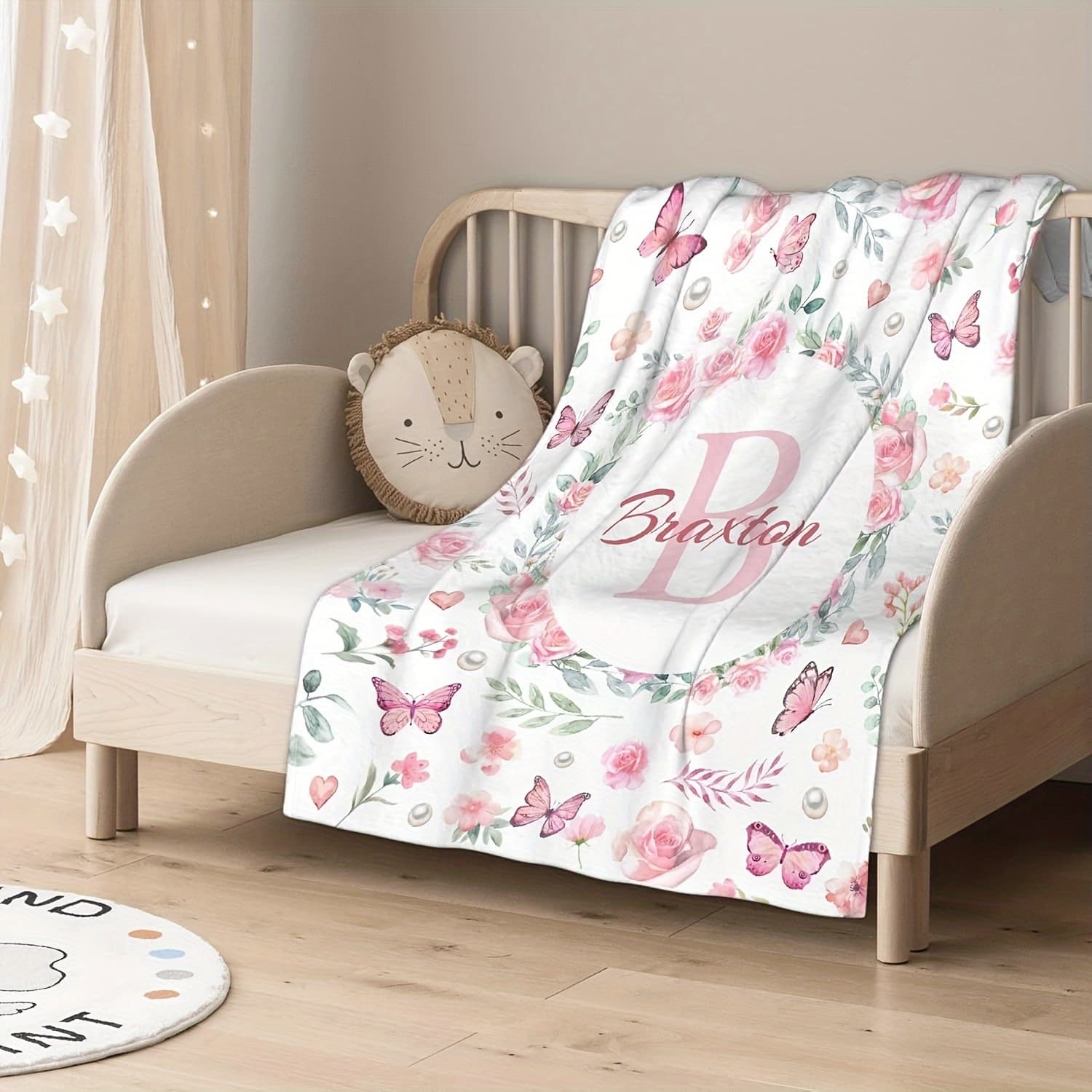 TEMU [custom] 1pc Creative Floral Print Name Custom Flannel Blanket, Customizable, Holiday Blanket, Birthday Gift, Gift Blanket, , Outdoor Beach Camping, Outdoor Blanket