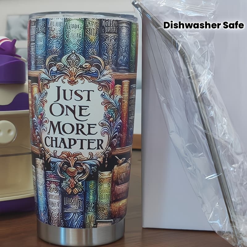 TEMU 20oz Stainless Steel Tumbler With Straw & Lid - " " Bookshelf Design, Insulated Spill-proof Travel Mug, 316 Steel Cup For Hot/cold Drinks, Reusable Gift For Readers, Librarians, Book Lovers.