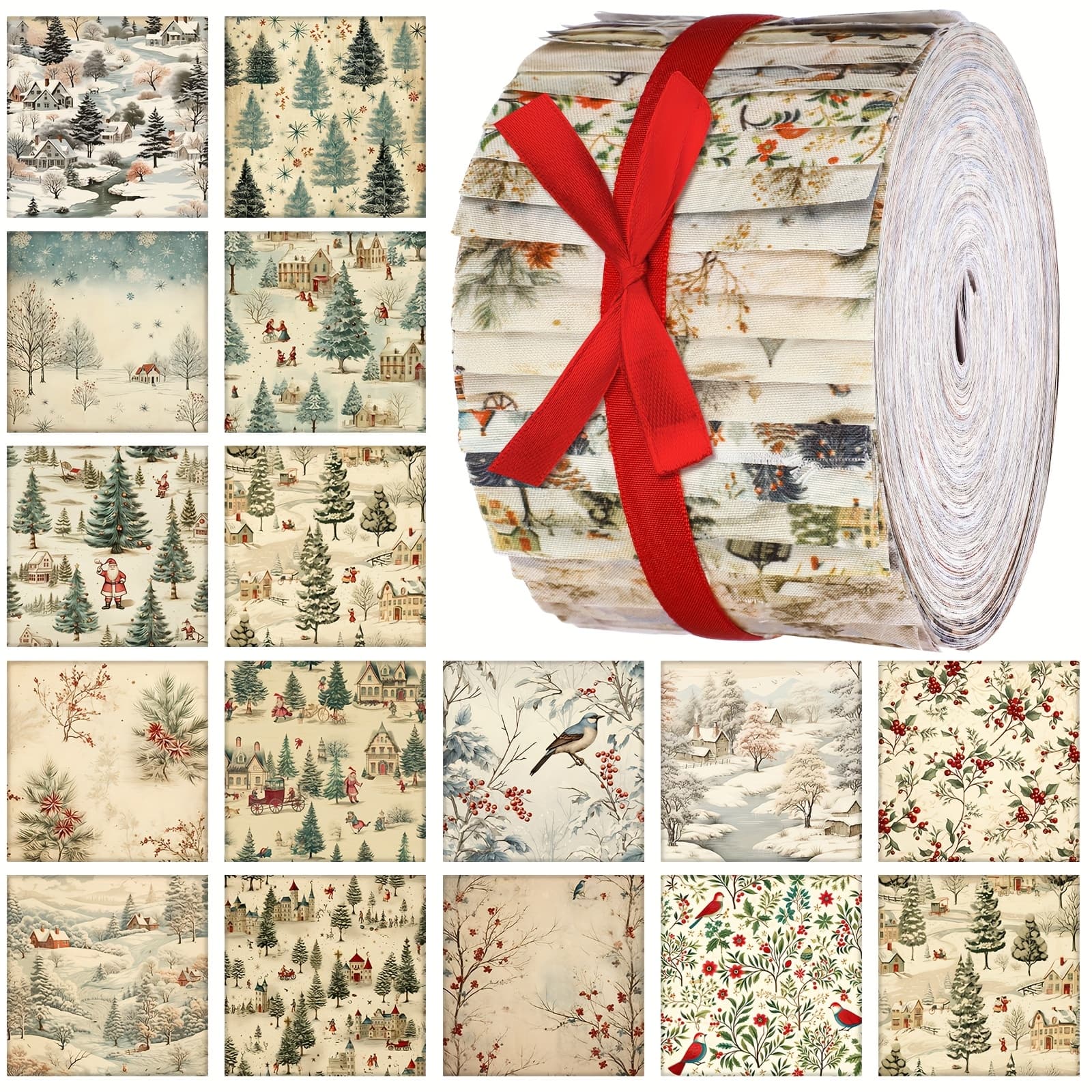 TEMU 40pcs Woodland Christmas Quilting Fabric Roll 2. Precut Fabric Squares Jelly Santa Red Strips Materials For Winter Xmas Holiday Craft Sewing Panels