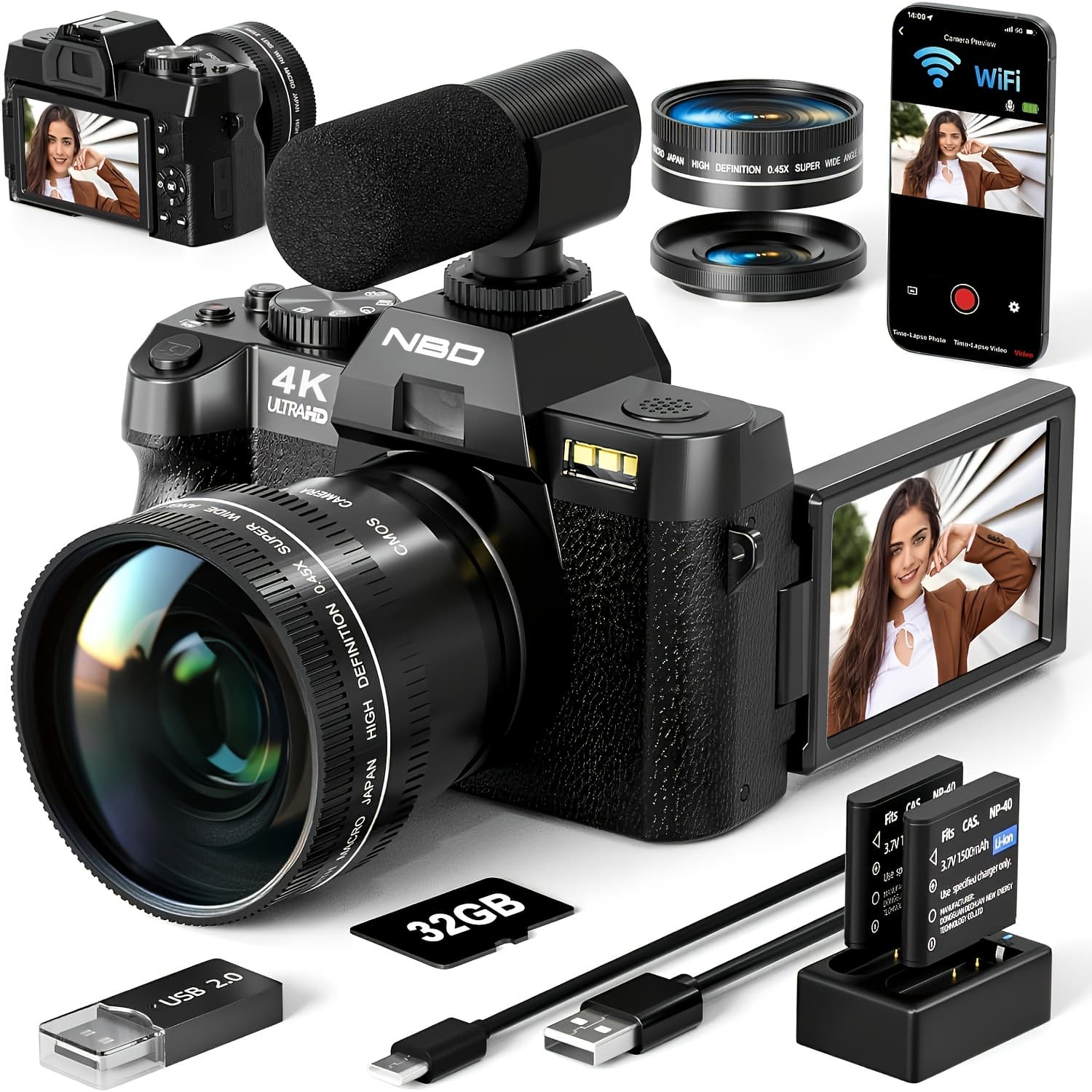 TEMU Digital Cameras For Photography 4k, 48mp Vlogging Camera With 32gb Tf Card & 2 Batteries, 16x Zoom Anti-shake Video Camera With 52mm Lens.