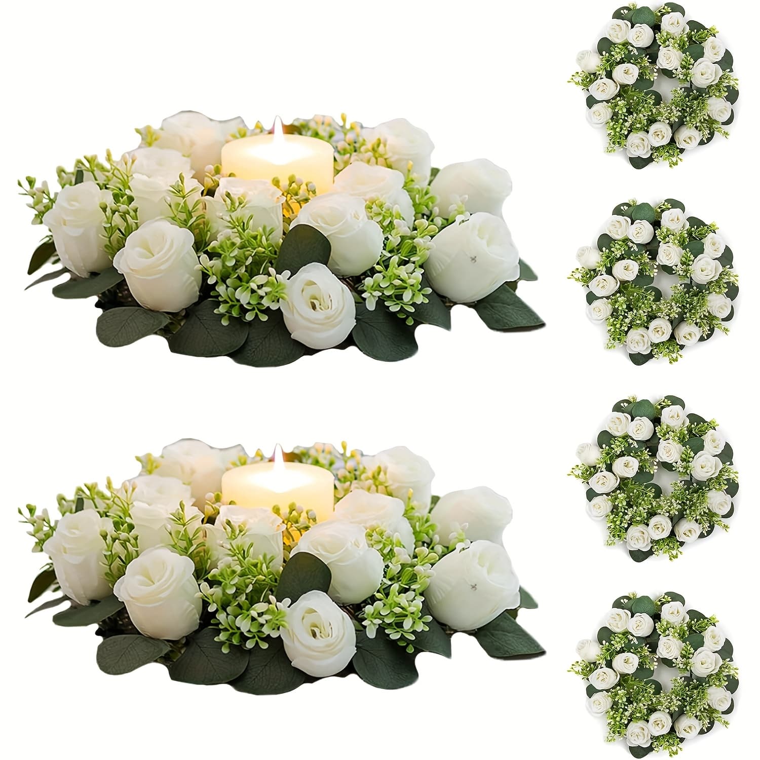 TEMU 6pcs Large Candle Rings Wreaths 14 Inch Inner White Fake Roses Artificial Flowers Wedding Centerpieces For Tables Spring Summer Wreath For Front Door Weddings Bouquet Party Decor