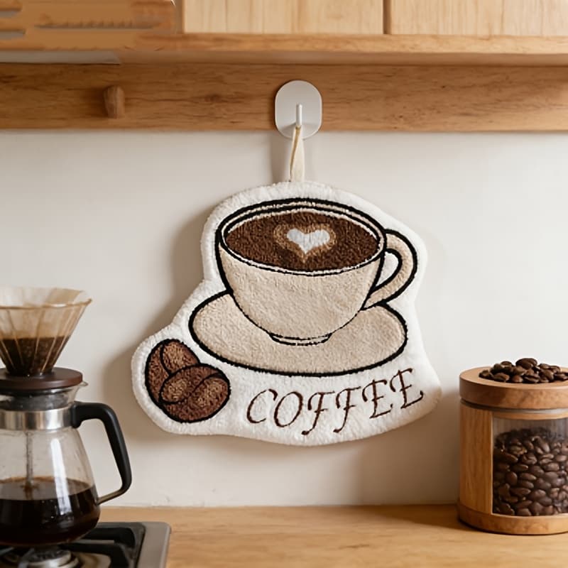 TEMU [everyday ] Cozy Coral Cup Towel | Embroidered "coffee" Design With Heart-shaped Steam | Soft, Absorbent, And Thick | Ideal For Kitchen & Bathroom Decor | Gif